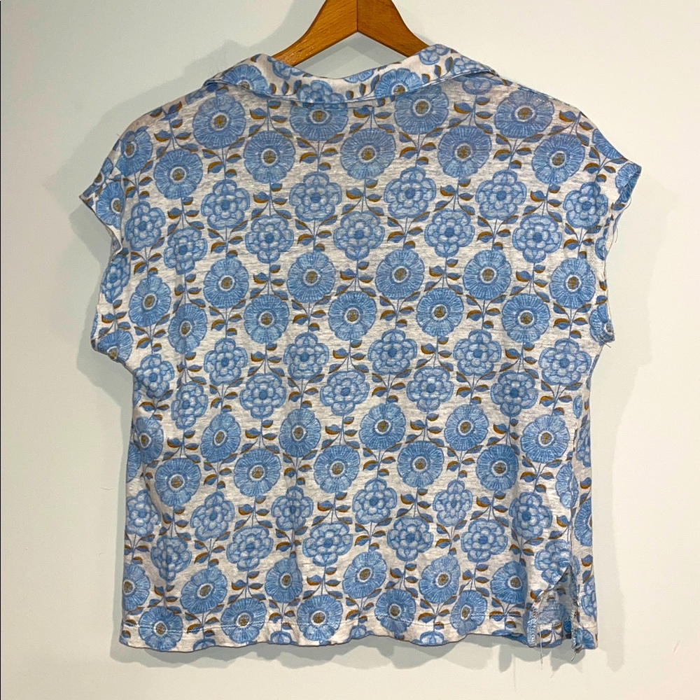 RACHEL ZOE Linen V-Neck Blouse Collared Boxy Flowy Floral Women’s Large Blue - Picture 4 of 4